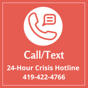 Crisis hotline contact information on red background.