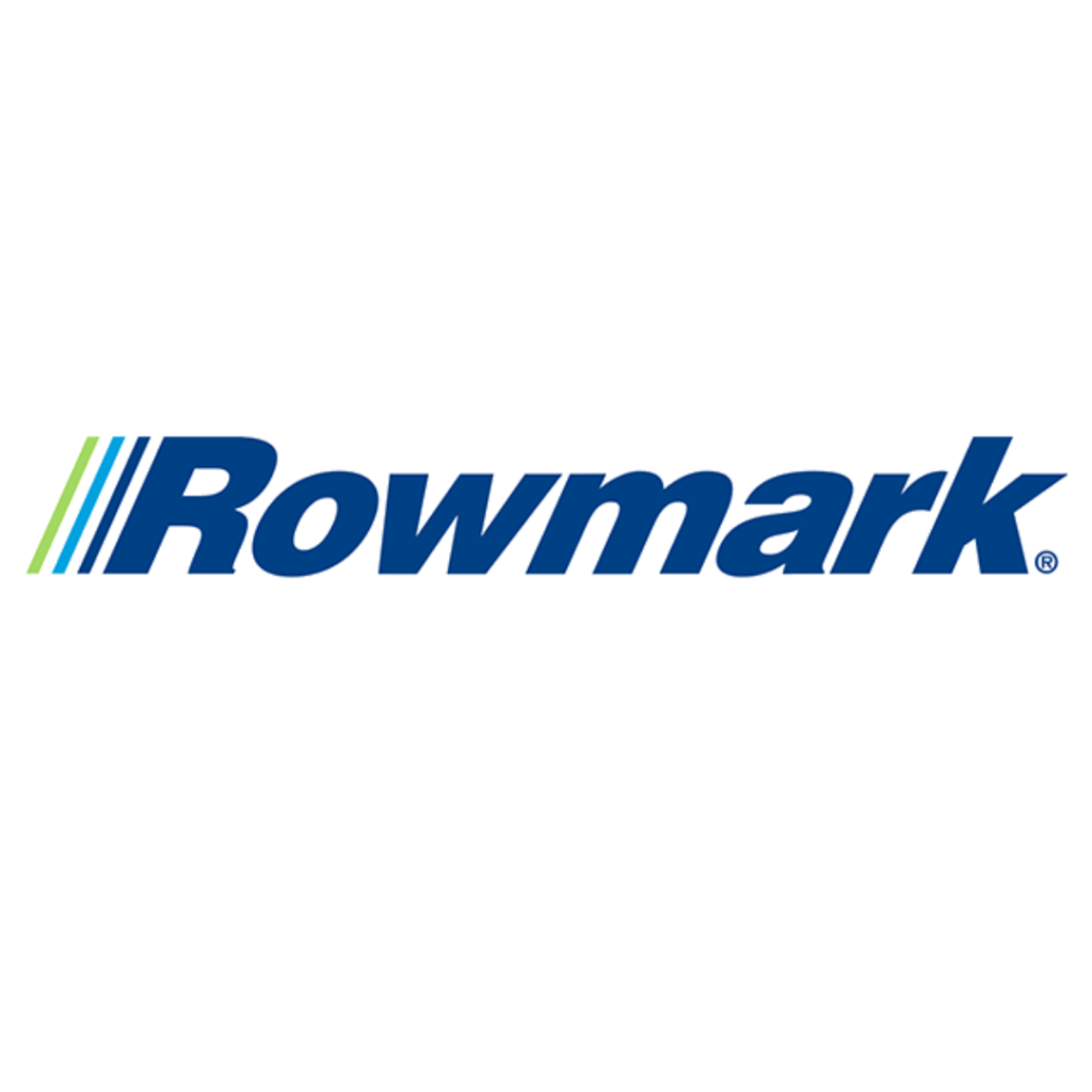 Rowmark company logo with blue text and green stripes.